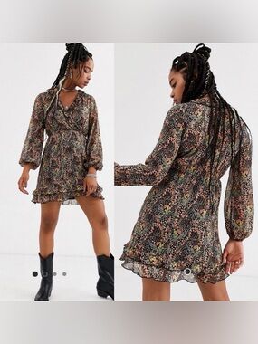 Topshop Floral Print Wrap Ruffled Long Sleeve Mini Dress 2